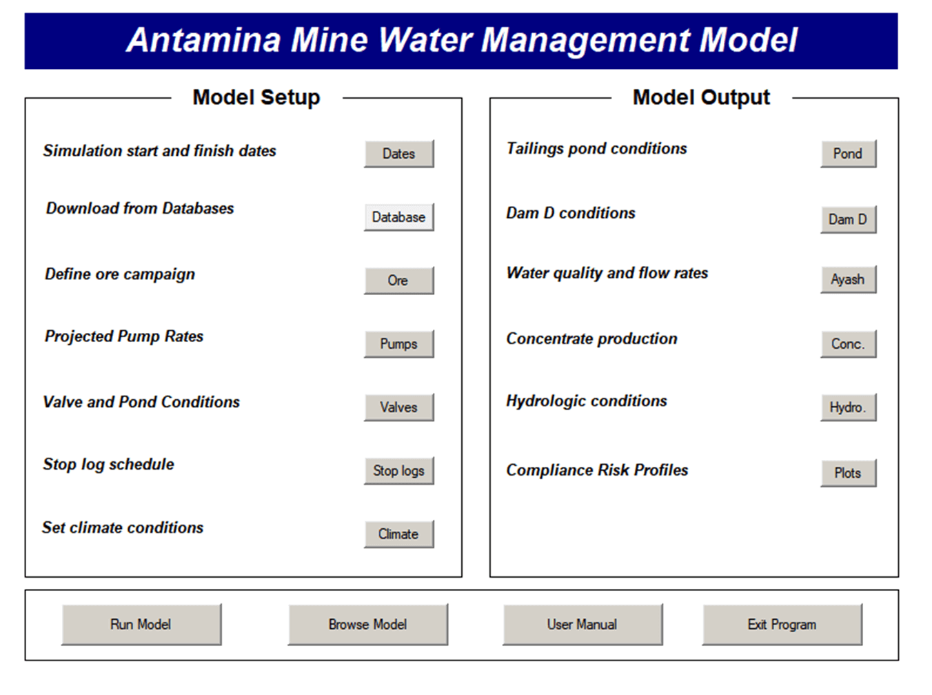 Antamina Mine Operation Simulation Model User Interface