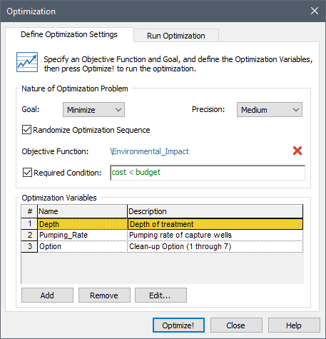 Optimization Dialog